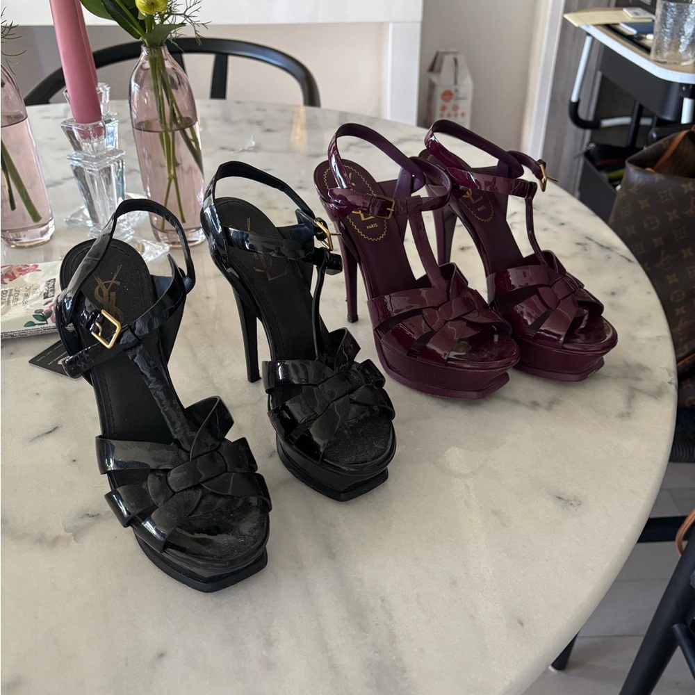 Yves Saint Laurent Black and Purple Strappy Heels